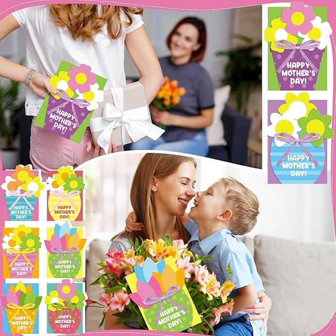 Geyee 16 Sets Mother's Day Greeting Card Kit for Kids Flower Pots Card Making Kit with Ribbon Happy Mothers Day DIY Art and Craft Projects Gifts for Kids Classroom Game Home Activities
