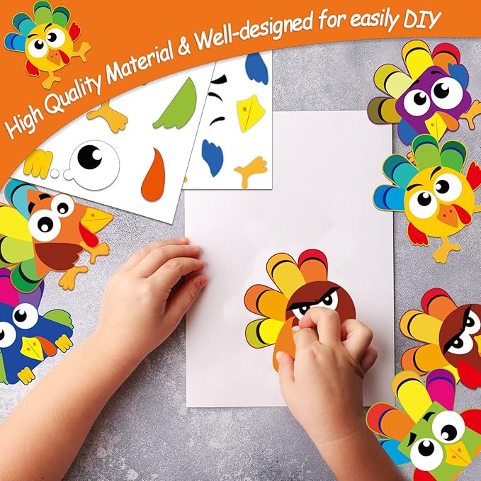 chiazllta 30Pcs Thanksgiving Craft Kits DIY Turkey Craft for Kindergarten Kids, Fall Art Craft Make Your Own Turkey Card Sticker Set for Home Class Game Activities Preschoolers