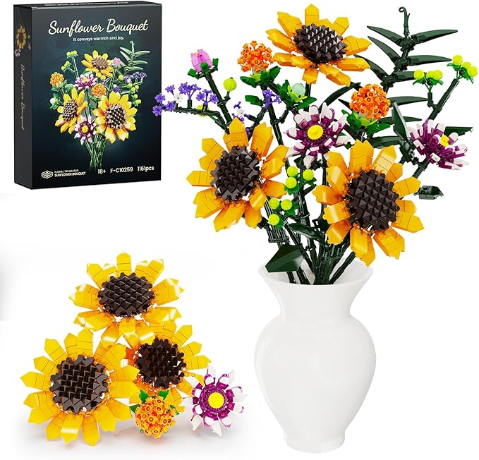 Flower Bouquet Building Set, Sunflower Botanical Collection Blocks Kit Compatible with Lego for Adults Women and Teens Girls 8+ Valentines Day Artificial Flower Decor (1161PCS)