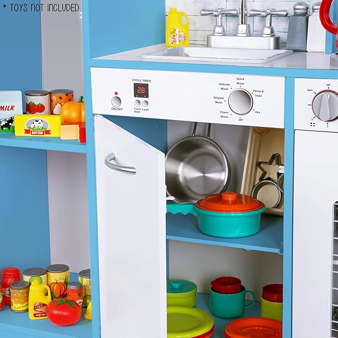 Lil' Jumbl Kids Kitchen Set, Pretend Wooden Play Kitchen, Battery Operated Icemaker & Microwave with Realistic Sound, Pots & Pan Included - Blue