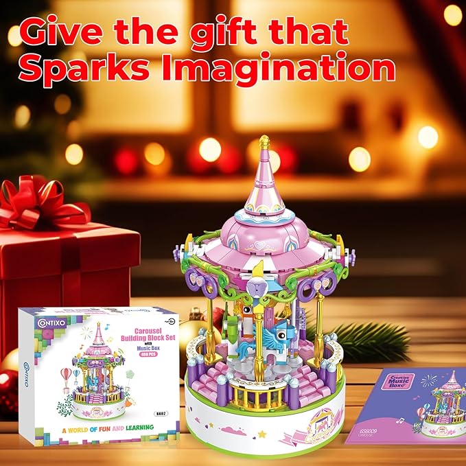 Contixo Building STEM Toys - BK02 488 PCS Carousel Music Boxes, Horse Rotating Building Blocks, Kids Building Toys for Girls Boys, Birthday Gifts for Adults, Daughter Christmas Festival Music Box