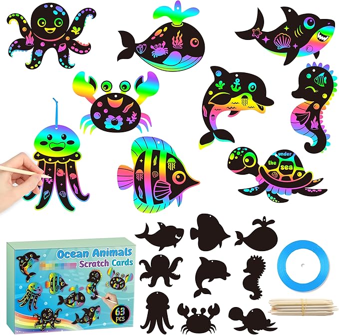 CY2SIDE Ocean Animals Scratch Cards - 63PCS DIY Under The Sea Magic Art Rainbow Color Craft Scratch Kit for Kids Dolphin Tortoise Scratch Card Art Kit for Kids Birthday Party Favors School Activity