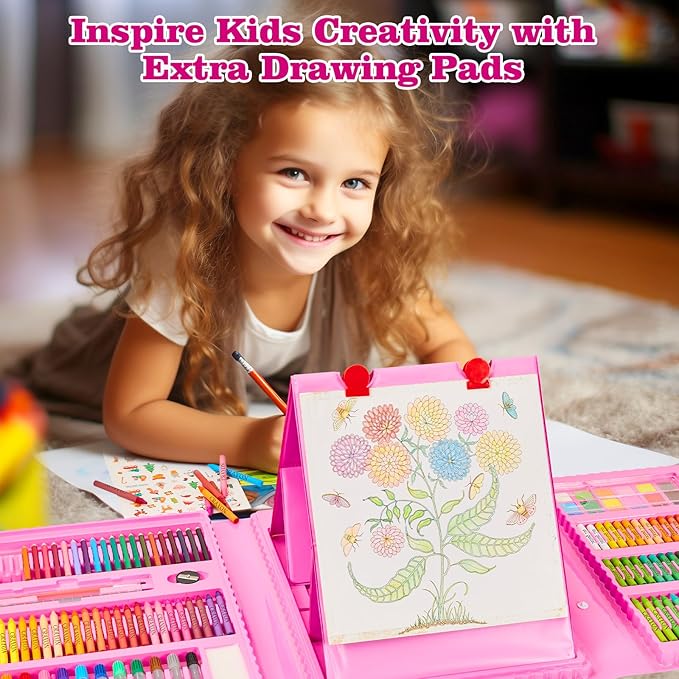 KINSPORY Art Supplies, 290 Pack Art Sets Crafts Drawing Coloring kit, Double-Side Trifold Easel, Oil Pastels, Crayons, Colored Pencils, Creative Gift for Beginners Artists Girls Boys Kids (Pink)