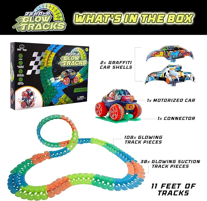 USA Toyz Zero-G Glow Race Track for Kids- 150pcs Glow in The Dark Flexible Race Track Set with Suction Cups, Slot Car, 2 Graffiti Toy Cars Shells, STEM Toy LED Car Tracks for Boys and Girls Age 3+