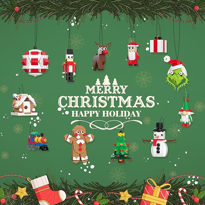 DreamCreators Christmas Ornaments Building Block with Strings for Christmas Tree 2024 New Sets,12 Pack Xmas Hanging Decorating Toys for Kids 6-12 Festival Pendants Holiday Favor Buildable Kits