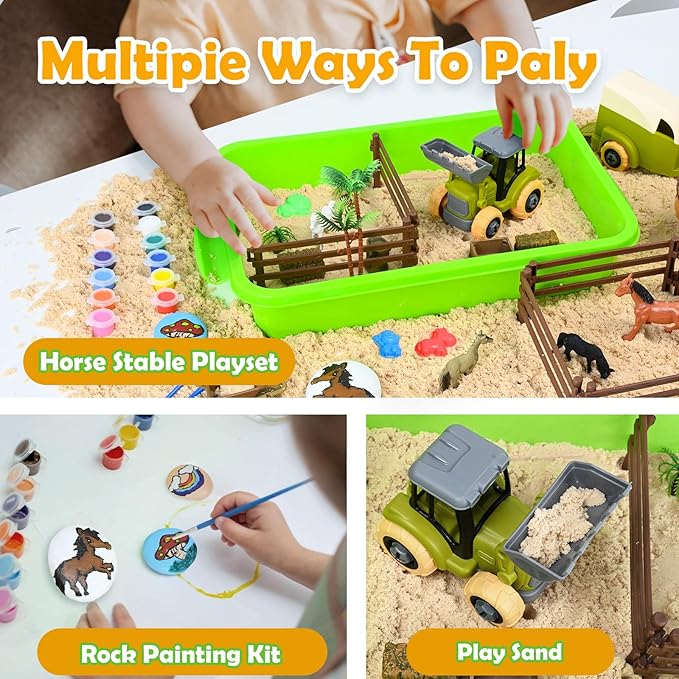 Sensory Bin - Horse Stable Playset Play Sand for Kids,Sandbox with Cover, 1.7 LB Magnetic Sand，Tractor and Stable, Rider and Horse,Rock Painting Kit,Sensory Toys for Autism 3 4 5 6 7 8 Year and Up