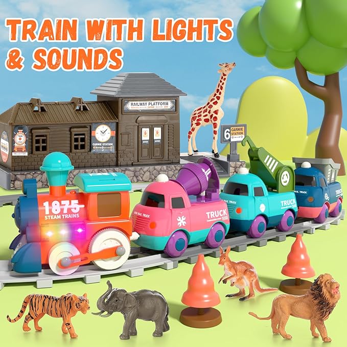 Train Set for Toddlers, Electric Train Toys with Light, Music and Animals, Toddler Magnetic Train Track Playset 3-5, Birthday Gifts for 3 4 5 Years Old Boys Girls