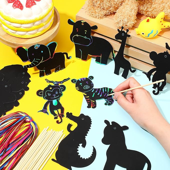 RoundFunny 80 Pcs Farm Animal Scratch Cards Farmhouse Crafts for Kids Colorful Scratch Paper Scratch Off Paper for DIY Art Kit with 80 Pcs Stick and Ribbon for Party Ornaments Favors