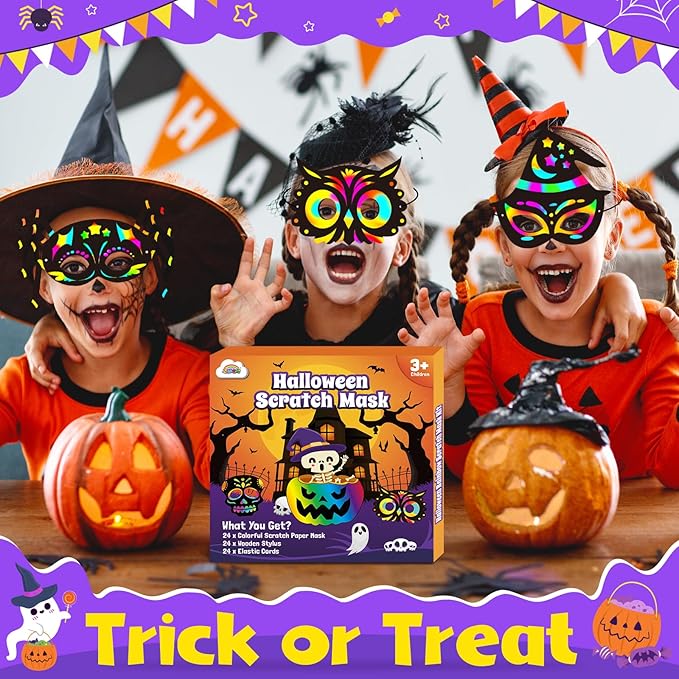 ZMLM Halloween Scratch Mask for Kid: 24 Pcs Rainbow Scratch Paper Mask Craft Kit Halloween Themed DIY Art Craft Mask for Girl Boy Age 3 4 5 6 7 8 9 Year Old Bat Pumpkin Gift Party Favor Set