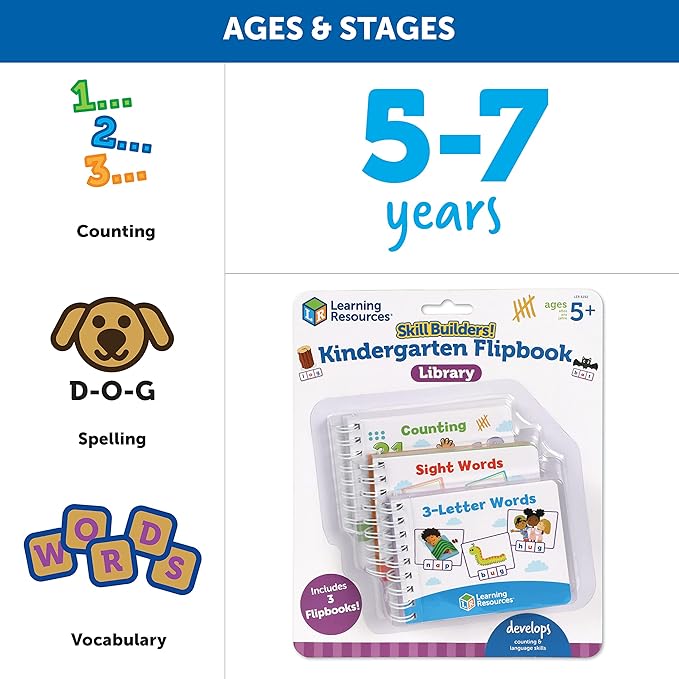 Learning Resources Skill Builders! Kindergarten Flipbook Library - Kindergarten Learning Activities, Spelling and Counting for Kids, My First Library for Kids,Back to School, Ages 5+,3 Pieces