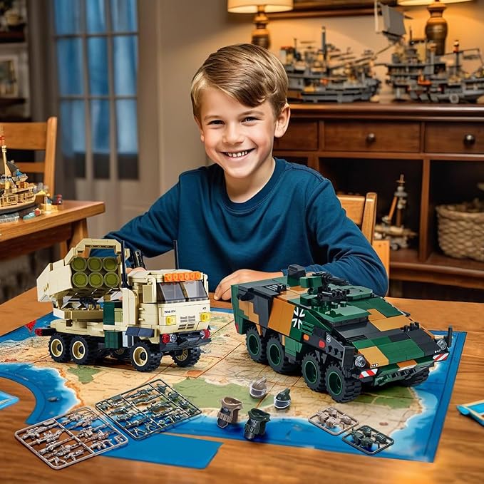 WW2 Military Vehicles Building Sets Compatible with Lego，Armored Vehicles Building Kit，Featuring 2 Military Construction Models Building Block，Army Base Toys for Boys, and Teens Age 8-14