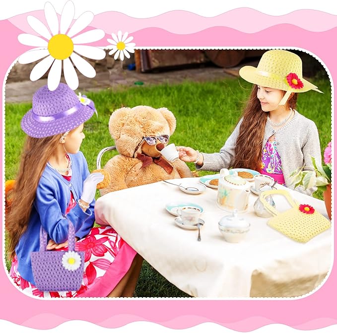 Zhanmai 6 Sets Girls Tea Party Dress Play Set Includes 6 Daisy Tea Party Hats, 6 Straw Purse, 6 Pairs Gloves, 6 Pearl Necklace Bracelet Set for Girls Princess Tea Party Birthday Party Supplies