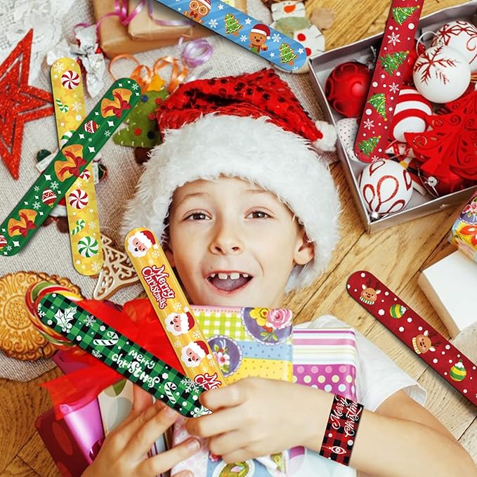 FOIMAS 48pcs Christmas Slap Bracelets,Xmas Santa Reindeer Snap Bracelet Wristband for Kids Christmas Stocking Stuffer Bag Filler Party Favor Supply