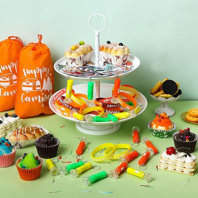 Camping Party Favors Camp Party Gifts Include Camping Themed Silicone Bracelet Mini Flashlight Keychain Assorted Camping Sticker and Gifts Drawstring Bags Camping Party Supplies for Kids (110 Pieces)