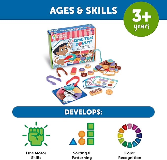 Learning Resources Grab That Donut!, 39 Pieces, Ages 3+,Fine Motor Game, Toddler Learning Toys,Toddler Toys, Educational Games for Kids, Preschool Games,Donut Toys