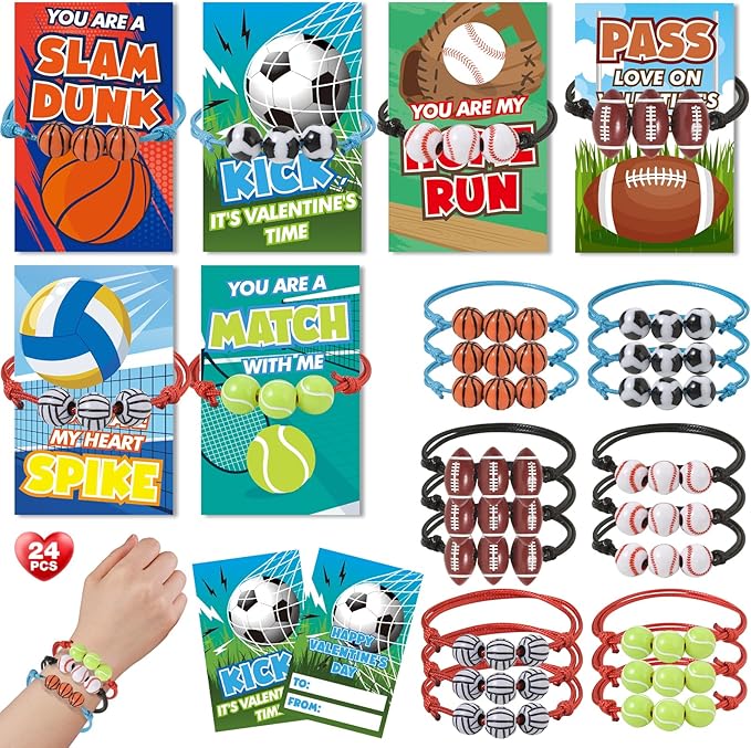 SpringFlower 24 Pack Valentines Day Cards For Kids, Valentine Day Gifts With Adjustable Sports Bracelets Toys, Valentine's Party Favors Prizes Valentine Kids Classroom Exchange
