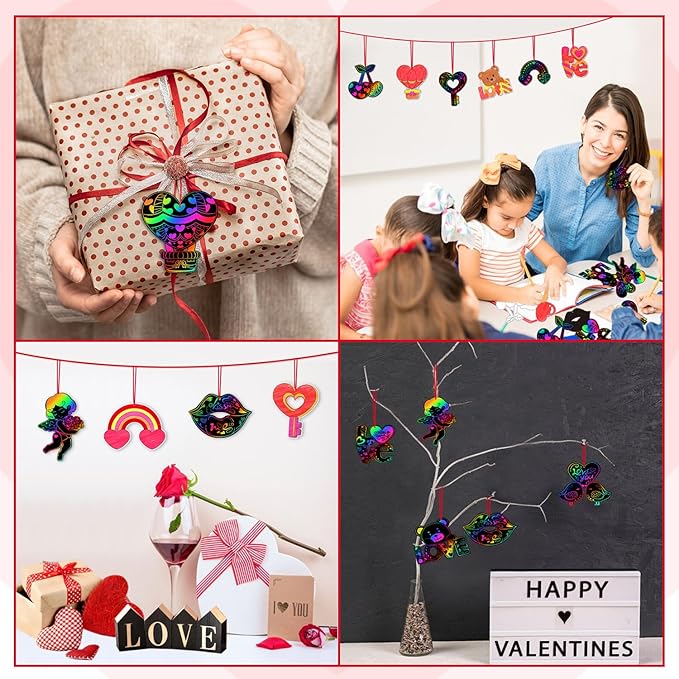 PARTYWIND 100 Pack Valentine's Day Scratch Paper Art for Kids, Magic Valentines Crafts for Classroom Exchange Games Activity, Valentines Decorations Ornaments for Party Supplies