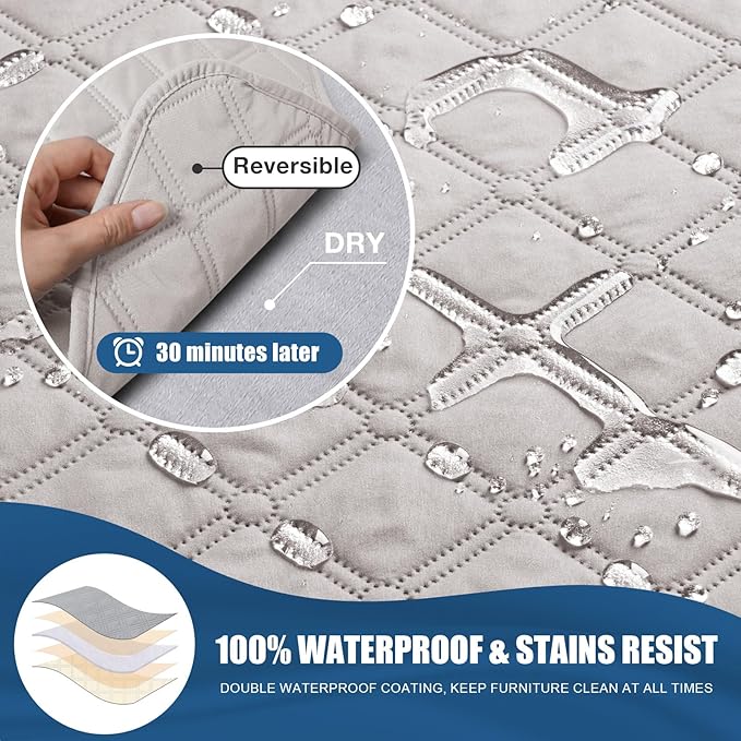 TAOCOCO Loveseat Recliner Cover, 1-Piece Waterproof, Off White, 2 Seater, Soft & Comfortable, Leg Straps, Washable, Couch Protector for Dogs Kids