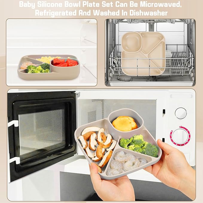 Silicone Baby Feeding Set, Baby Led Weaning Supplies, Silicone Suction Plate, Bowl, Spoons, Fork, Waterproof Bib, Cup and Food Tableware, Eating Utensils Baby Feeding Essentials for 3+ Months