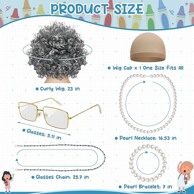 Old Lady Costume for Kids, 100th Day of School Cosplay Black White Curly Wig Glasses Wig Cap Necklace Bracelet Accessories
