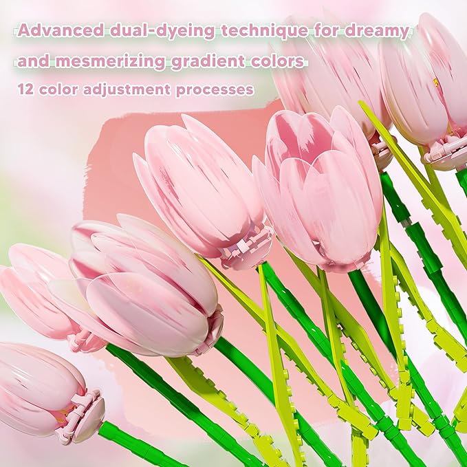 Flower Bouquet Building Toy Set Tulips, Botanical Building Blocks for Adults Home Office Decor Pink Color