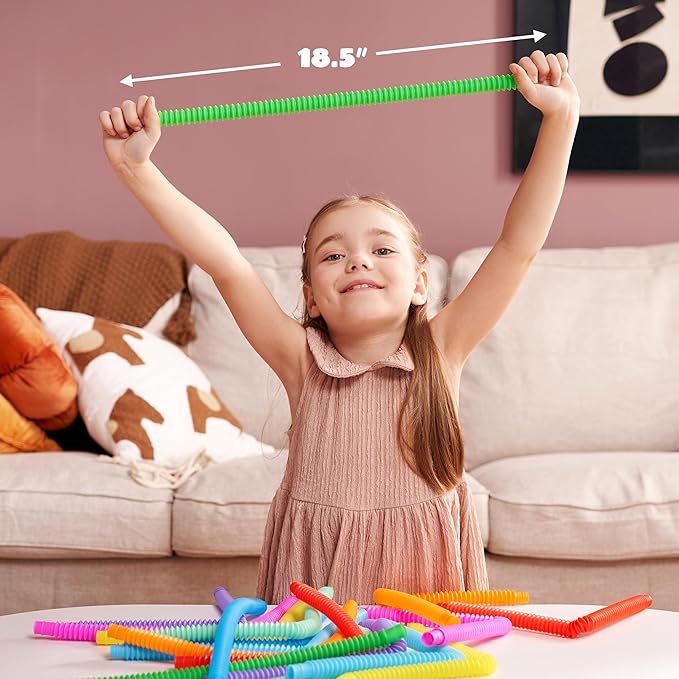 JOYIN 18 Pack Pop Tubes, Sensory Toys（Small） Fidget Tubes Party Favors - 9 Colors, Connectable and Extendable for Stress Relief - Perfect for Party, Classroom Exchange, School Reward