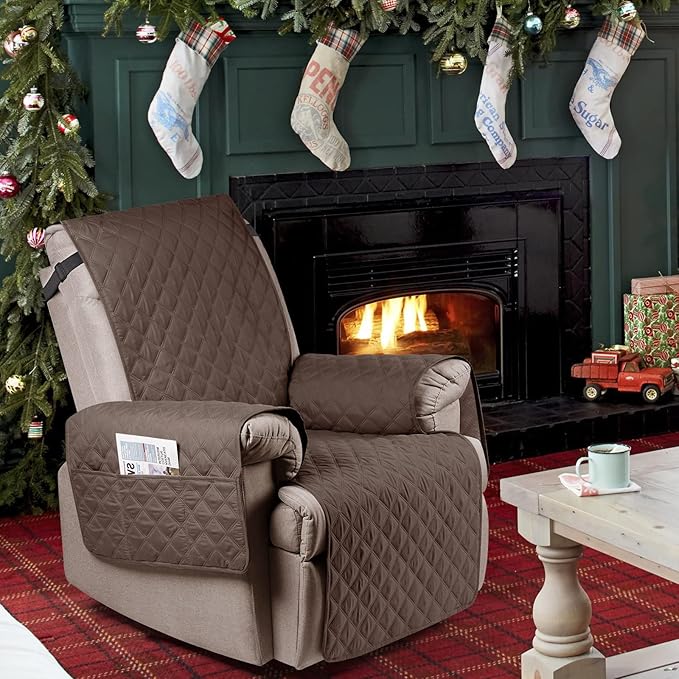 Ruaozz 100% Waterproof Recliner Chair Cover Non-Slip Reclining Cover for Recliner Chair Washable Chair Seat Cover with Elastic Straps for Kids, Dogs, Pets (Brown, 23'')