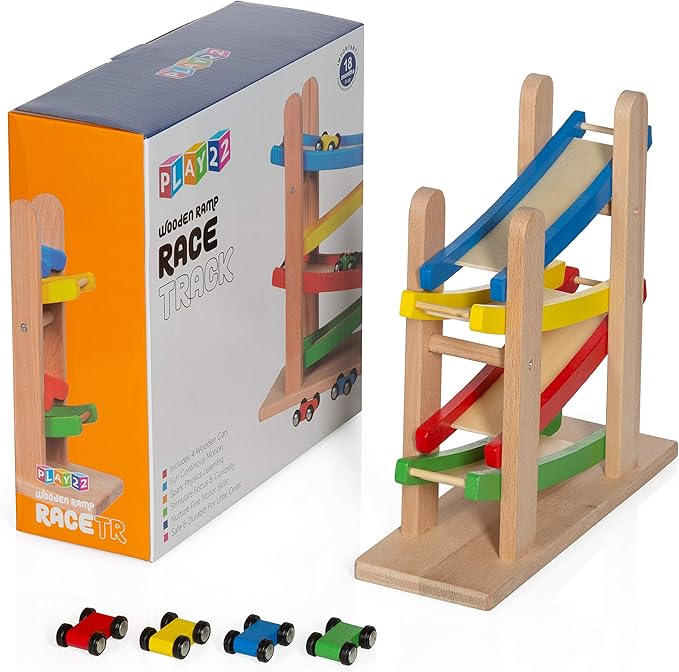 Play22 Wooden Car Ramps Race - 4 Level Toy Car Ramp Race Track Includes 4 Wooden Toy Cars - My First Baby Toys - Toddler Race Car Ramp Toy Set is A Great Gift for Boys and Girls - Original by Play22