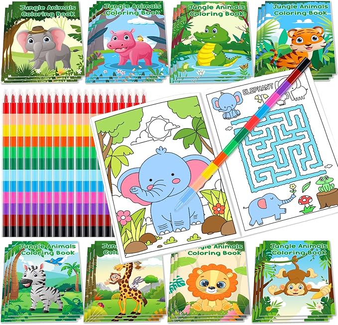 Lionoble 24Pcs Jungle Safari Animals Coloring Books for Kids with 24 Stacking Crayons Mini Coloring Book Party Favors Bulk Gifts Small Activity Books for Birthday Party Goodie Bags Stuffer Classroom