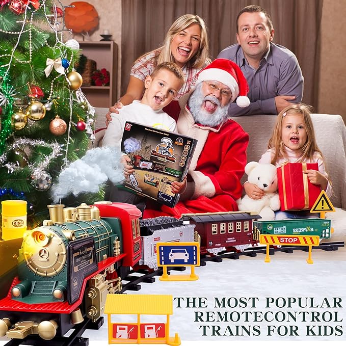 Train Set, Remote Control Train Sets, Christmas Train Sets for Under The Tree, Steam Locomotive Engine with Smokes, Sounds and Light, Electric Train Toy Gift Toys
