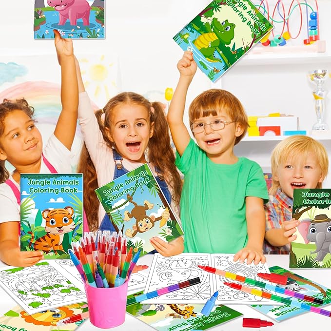 Lionoble 24Pcs Jungle Safari Animals Coloring Books for Kids with 24 Stacking Crayons Mini Coloring Book Party Favors Bulk Gifts Small Activity Books for Birthday Party Goodie Bags Stuffer Classroom