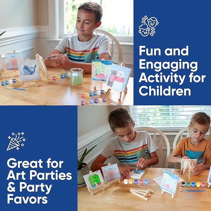 Set of 12 Mini 4x4 Canvas and Easel Set with 10 Colors Acrylic Paint - Bulk Kids Art Party Favors & Supplies - Mini Paint Party Kits - Kids Canvas Painting Set - Paint & Sip Kit