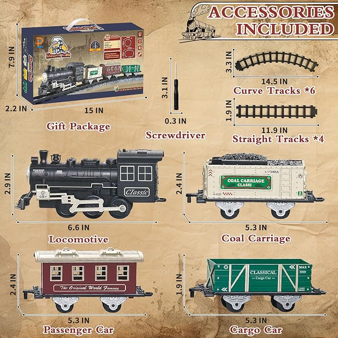 Kids Train Set - Train Toys w/Sounds (Turn ON/Off), Lights, Electric Toddlers Classical Train for Christmas Village Tree, Train Set for Toddlers 2-4, Christmas Toys Gifts 3 4 5 6 7 8+ Year Old