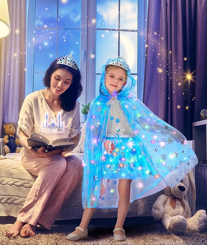 Princess Dress Up for Girls, Light up Princess Cape Princess Dress Costume Crown Wand Gifts for Toddler Girls 3 4 5 6