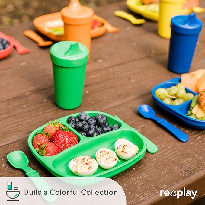 Re-Play Made in USA 7" Deep Walled Divided Plates for Kids, Set of 3 - Reusable 3 Compartment Plates, Dishwasher and Microwave Safe - 7.37" x 7.37" x 1.25", Monochrome