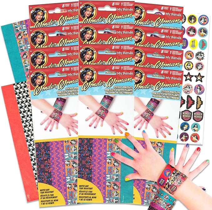 DC Comics Wonder Woman Party Favors for Kids ~ 96 Pc Bundle with Wonder Woman Sticker Paper Bracelet Activity Pack for Girls | Wonder Woman Birthday Party Supplies