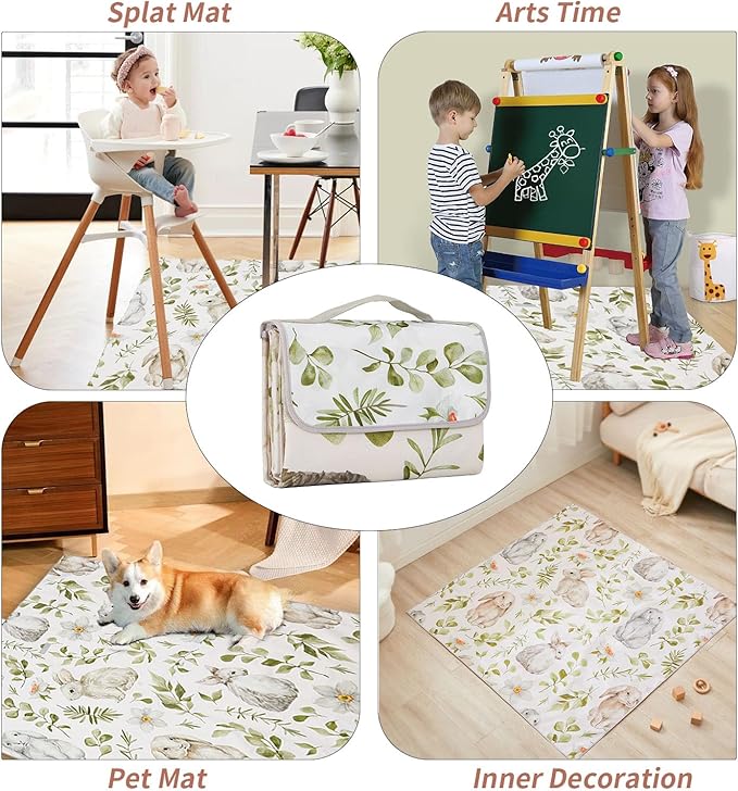 Insular Baby Splat Mat for Under High Chair/Arts/Crafts, Anti Slip and Waterproof Splash Mat for Floor, Portable Picnic Mat, 51x51 Inch, Rabbit