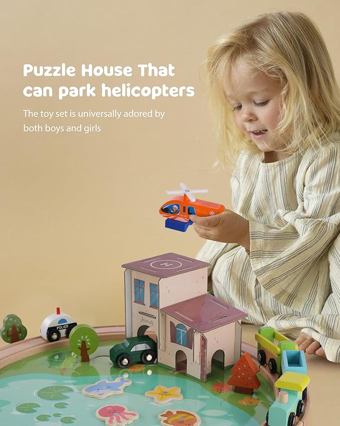 Wooden Train Track Set - 48-Piece Toy Train Tracks Compatible with Thomas, Brio, Melissa & Doug - Includes Fishing and Puzzles for Toddlers 3-8 - Educational for Fun Playtime