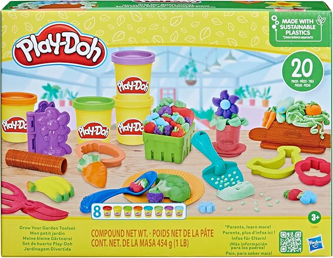 Play-Doh Grow Your Garden Toolset Made with Sustainable Plastics, 20 Accessories, 8 Colors, Kids Toys for 3 Year Old Boys & Girls & Up
