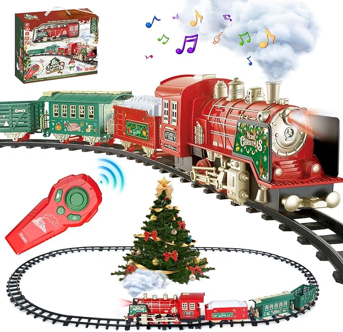 Christmas Train Set - Updated Remote Control Christmas Train Toys w/Smoke, Sounds, Lights, Rechargeable Electric Train for Around Christmas Tree, Train Toys Gifts for 3 4 5 6 7 8+