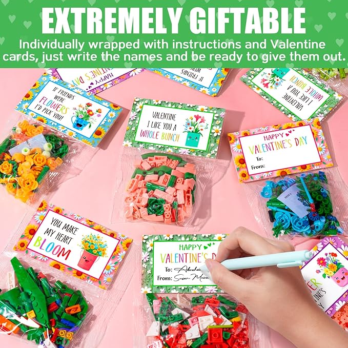 Valentines Day Gifts for Kids Teens, 24 Pack Flower Bouquet Building Blocks with Gift Cards for School Classroom, Bulk Boy Girl Class Valentine Party Favors Exchange Gifts Goodie Bags Stuffers