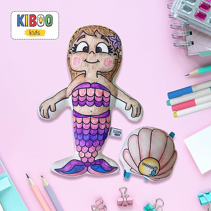 Kiboo Kids Color Your Doll - Coloring Toy for Kids - Educational Art and Crafts for Kids - Reusable Gift (9" Mermaid Doll with Mini Shell Doll Backpack and Washable Markers)