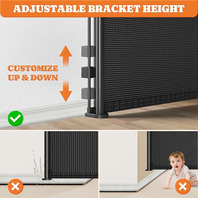 Pawtners Retractable Baby Gates Extra Wide, 41" Tall Extends up to 200" Wide, Dog Gate Indoor with Cat Door for Stairs, Pet Gate with Support Rods for Doorways Hallways Indoor & Outdoor-Black
