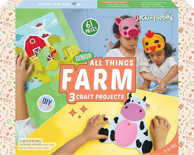 jackinthebox Farm Craft kit for 3 to 5 Year olds, 3 Craft Projects - Pretend Play Animal Masks, Farm Puzzle with Stickers, DIY Cow Notepad, Great Gift for Boys and Girls Ages 3 4 5 Years..