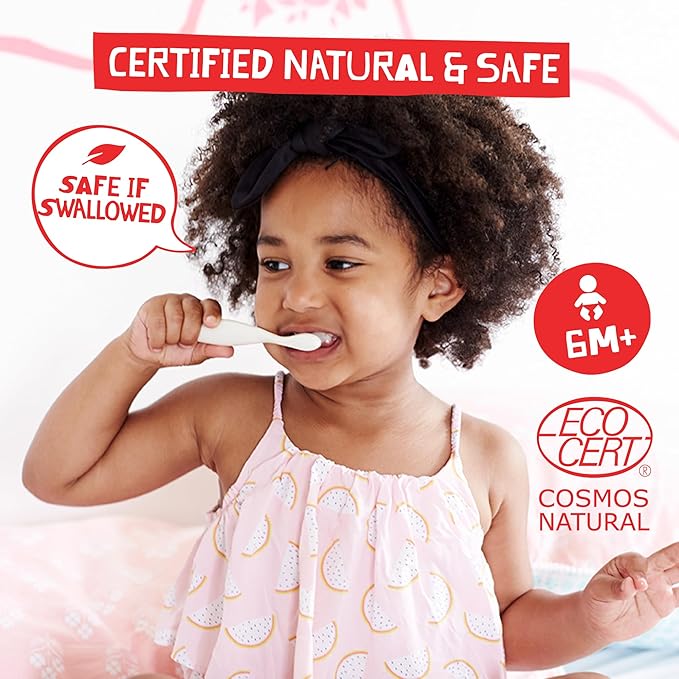 Jack N' Jill Toddler Toothbrush and Toothpaste Combo - Baby Toothbrush 12 Months and Up, 1 Year Old Toothbrush and Toothpaste Set, Fluoride Free - 1 Kids Toothbrush and 1 Strawberry Toothpaste