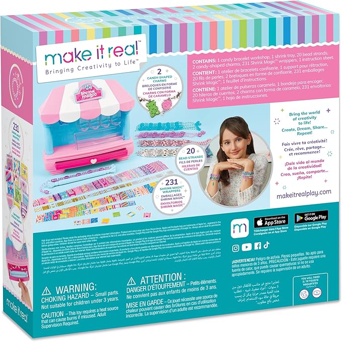 Make It Real:Shrink Magic Candy Shop Bracelet Kit - Create 20 Bracelets, Use A Hair Dryer to Shrink & Style, DIY Jewelry Kit, Girls & Kids Ages 8+