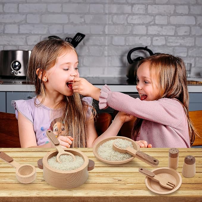 WHOHOLL Wooden Toys Play Kitchen Accessories, Montessori Toys for 1 2 3 4 5 + Years Old Toddlers, Toy Kitchen Play Dishes & Play Food Playset, Birthday Sets for Kids Girls Boys
