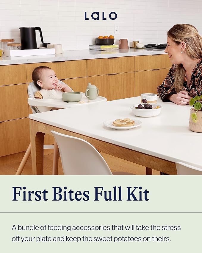 Lalo First Bites Silicone Baby Feeding Set - Baby Led Weaning Supplies - Non-Toxic Silicone - Includes 2 Bibs, 2 Spoons, Training Cup, Suction Plate and Bowl - 6 Pieces - Sage