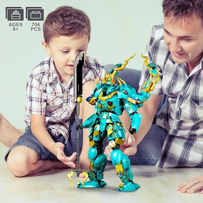 Mech Robot Building Blocks Set for Adults, Cool Green Dragon Warrior Model Kit with Long Spear Toy Playset, 704 pcs Collectible Mythical Ninja Gifts for Teens Boys Ages 12+