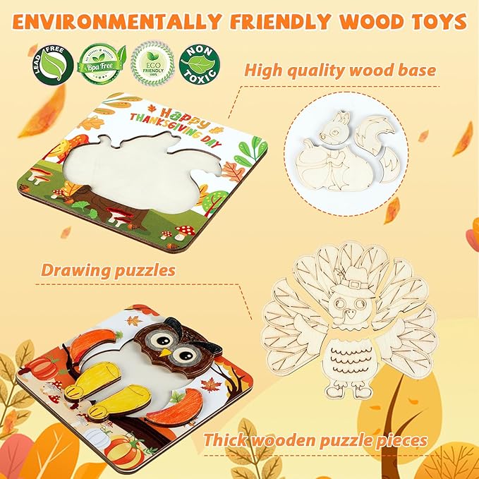 8 Pack Fall Thanksgiving Wooden Puzzles for Toddlers Autumn Puzzles Coloring Craft Kits for Kids Boys Girls Montessori Toys Harvest Party Favors Treat Bag Gifts Educational Learning Jigsaw Puzzle